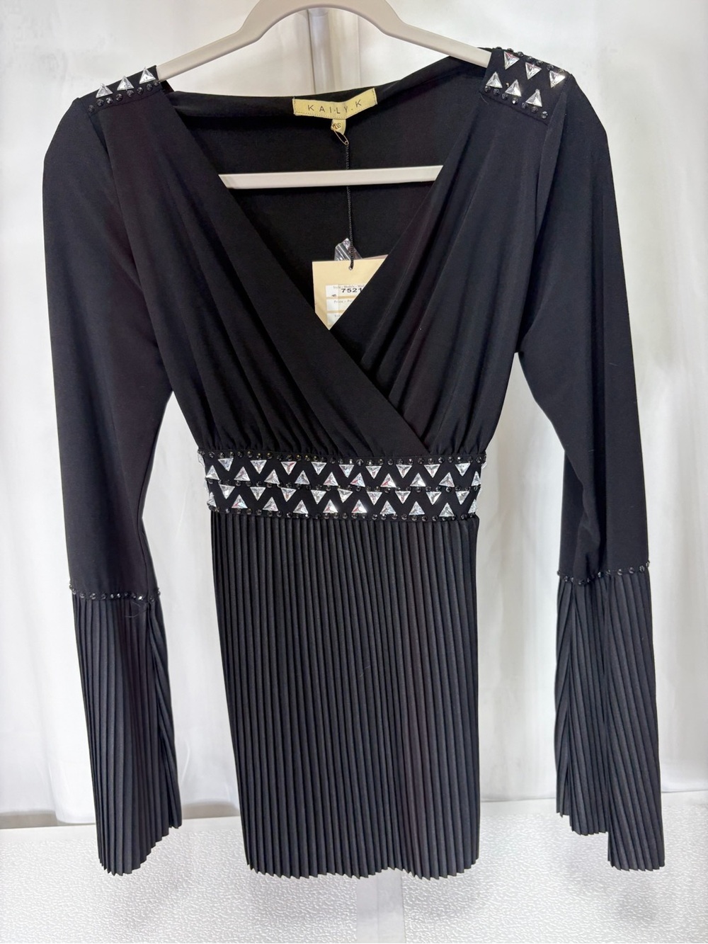 Black Studded Pleated Wrap-Front Blouse 3693